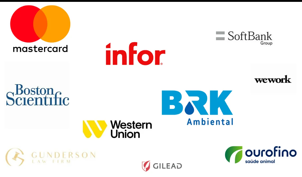 Logotipos de clientes no Brasil: Mastercard, Infor, SoftBank, WeWork, Boston Scientific, BRK Ambiental, Western Union, Ourofino, Gunderson Advogados e Gilead