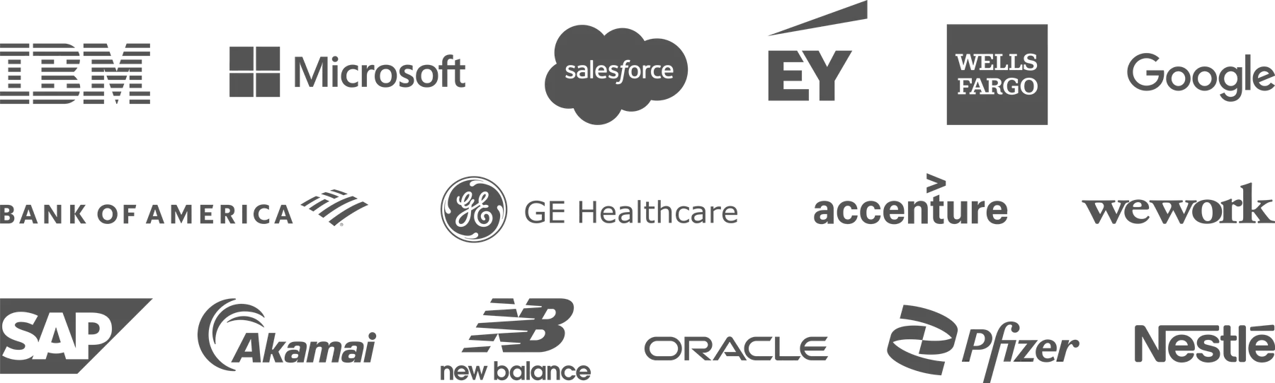 Logotipos de empresas que usam sound masking Soft dB no mundo: IBM, Microsoft, Salesforce, EY, Wells Fargo, Google, Bank of America, GE Healthcare, Accenture, WeWork, SAP, Akamai, New Balance, Oracle, Pfizer e Nestlé